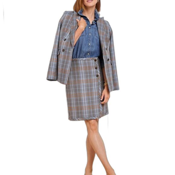 Talbots A-Line Skirt Women Size 10 Blue/Brown Windy Plaid Faux Wrap Knee Length - Picture 3 of 12